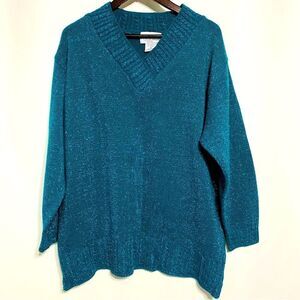 Vintage Diane Von Furstenberg Womens Metallic Green V Neck Sweater Size 1X